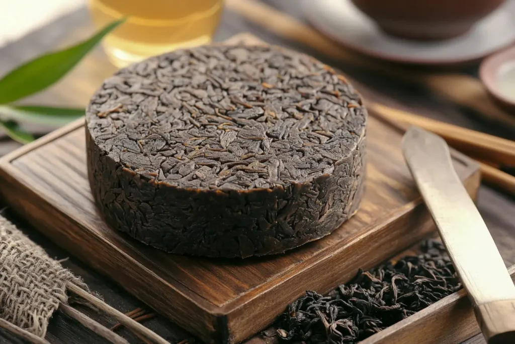 A compressed tea cake with a tea knife and loose tea leaves