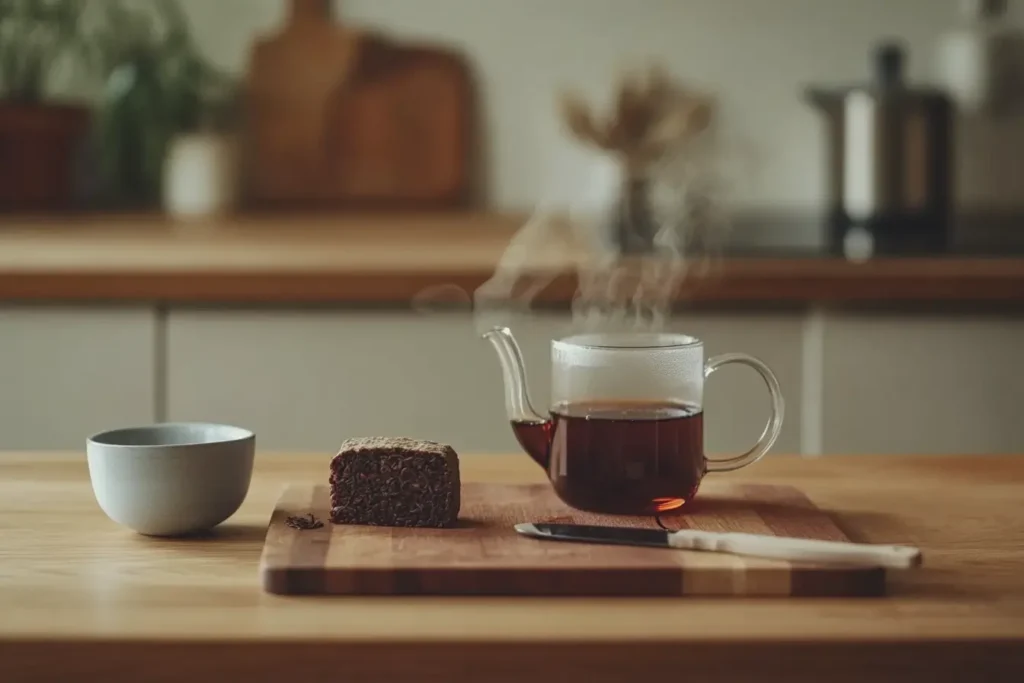 Brewing techniques for a cake of tea in a simple kitchen