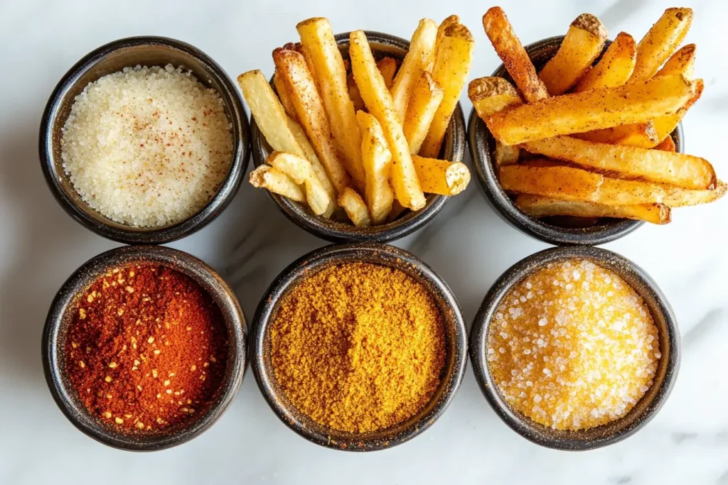  Five unique French fry seasoning blends in small bowls with fries.