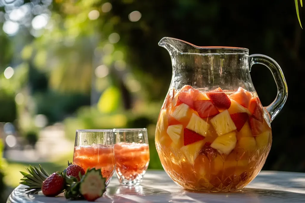 Tropical fruit punch with fresh fruits on a sunny table