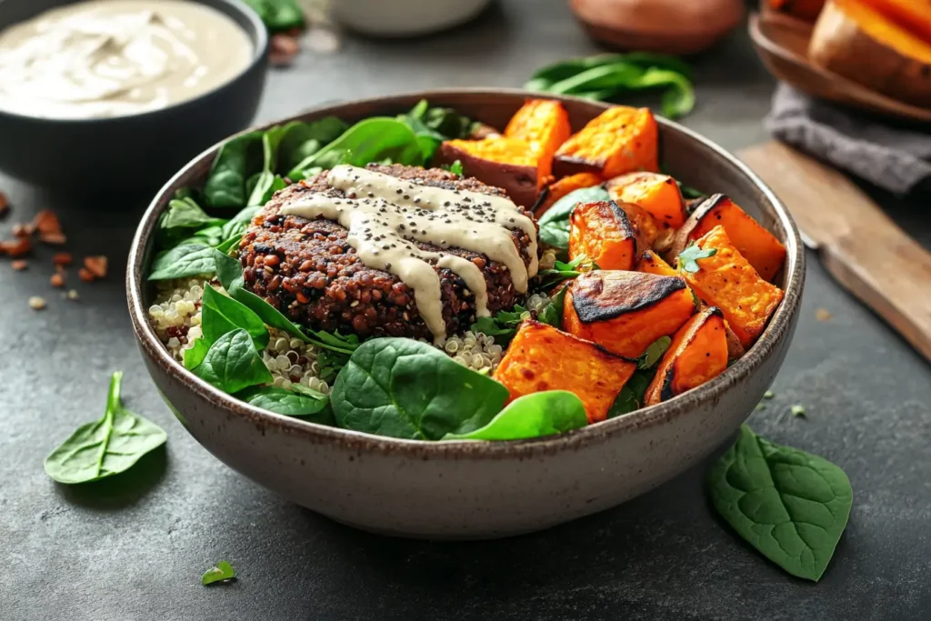 A vegan burger bowl with black bean patty and roasted sweet potatoes.