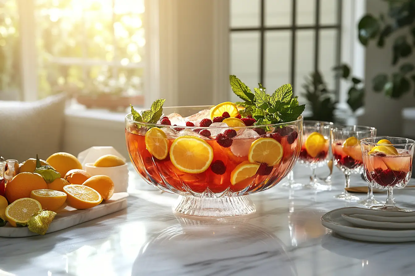 Punch bowl with fresh fruits and glasses on a rustic table.