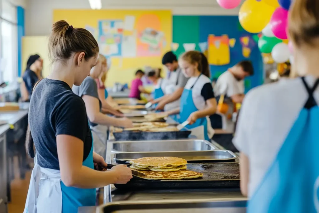 Volunteers cooking pancakes on a large griddle in a festive school kitchen.