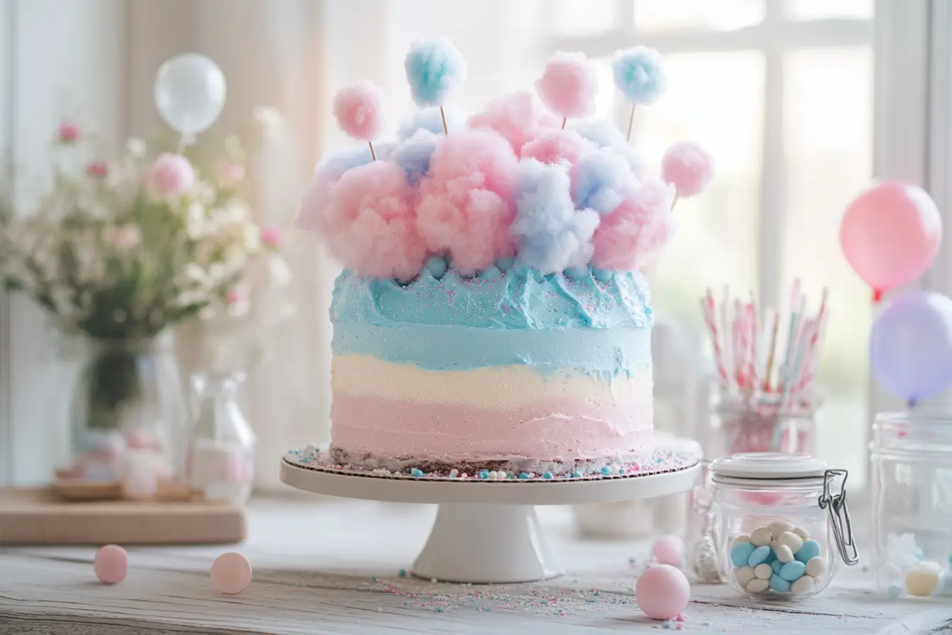 Pastel Cotton Candy Cake with Glitter and Cotton Candy Decorations