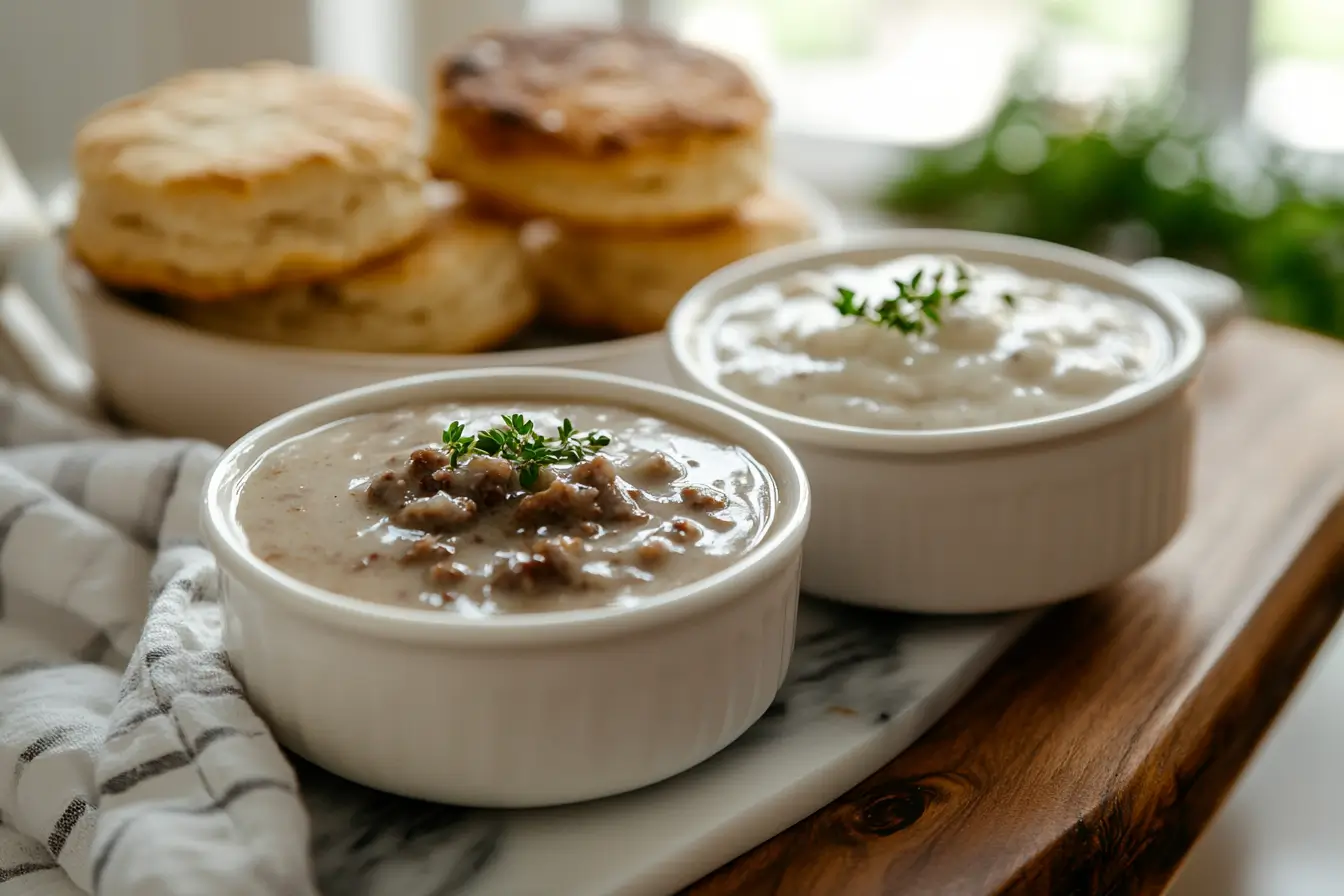 A bowl of white gravy and a bowl of country gravy with biscuits.