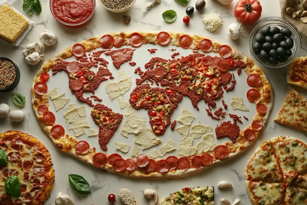  A pizza designed as a world map using toppings like pepperoni, cheese, olives, and tomatoes, surrounded by fresh ingredients on a marble table.