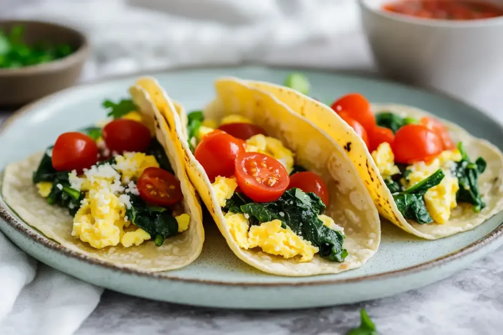 Breakfast tacos with scrambled eggs, spinach, and cherry tomatoes on corn tortillas.