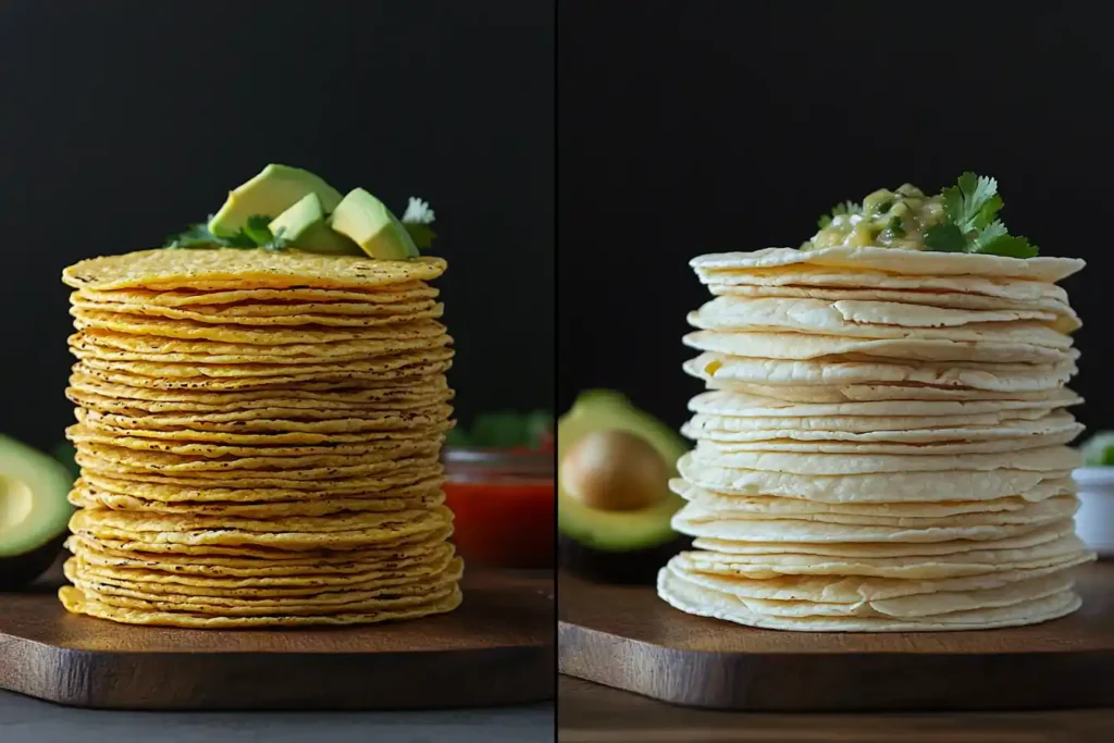 Are corn or flour tortillas healthier? A stack of corn tortillas and a stack of flour tortillas side by side with avocado and cilantro garnish.