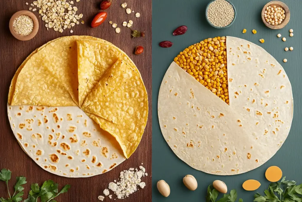 Are corn or flour tortillas healthier? A creative split image with corn tortillas and flour tortillas in a pie-chart style, highlighting ingredients like corn kernels and wheat grains.