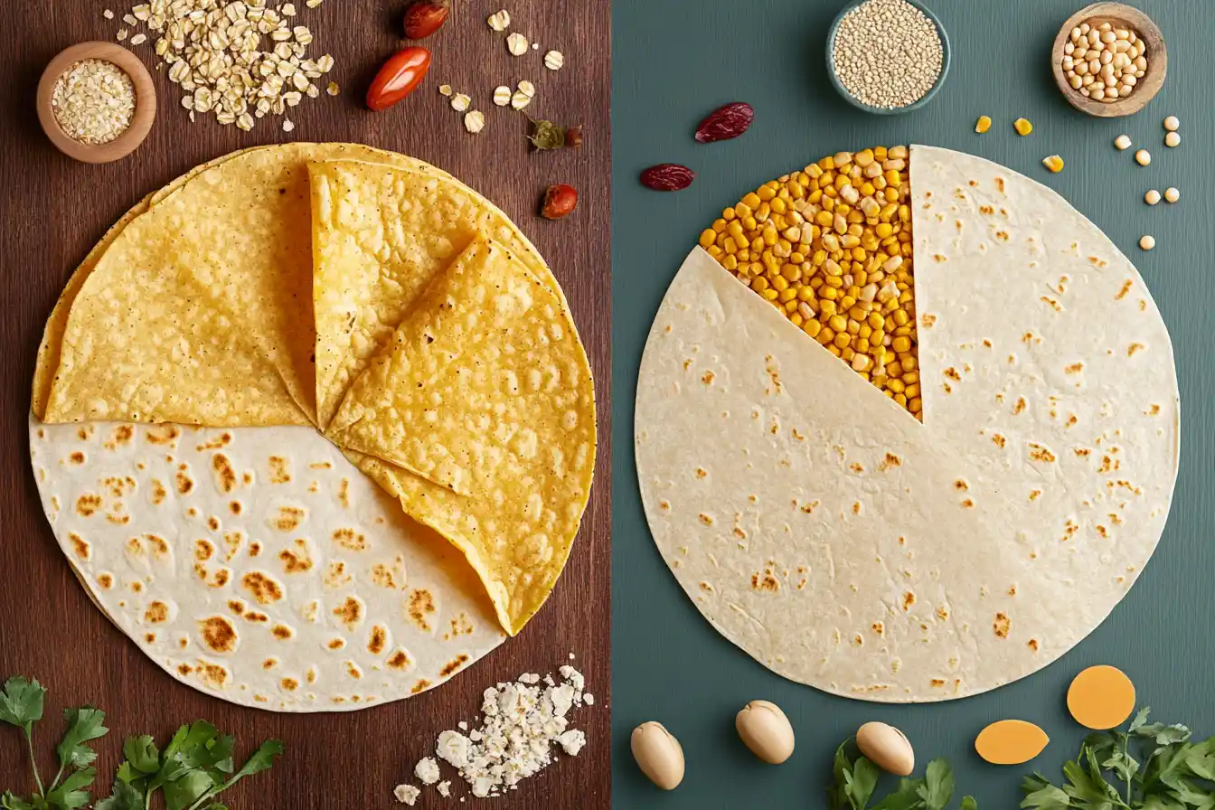 Are corn or flour tortillas healthier? A creative split image with corn tortillas and flour tortillas in a pie-chart style, highlighting ingredients like corn kernels and wheat grains.