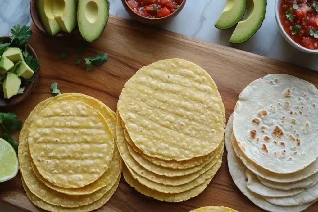 Are corn or flour tortillas healthier? Corn and flour tortillas side by side with fresh avocados, salsa, lime, and cilantro