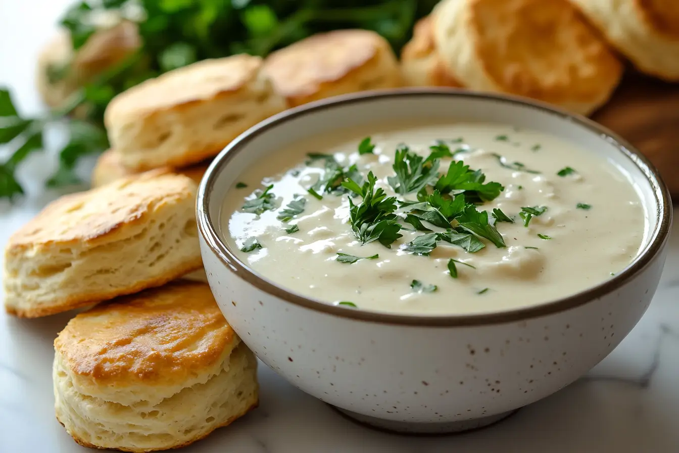 A bowl of creamy white gravy with biscuits on a rustic wooden table.