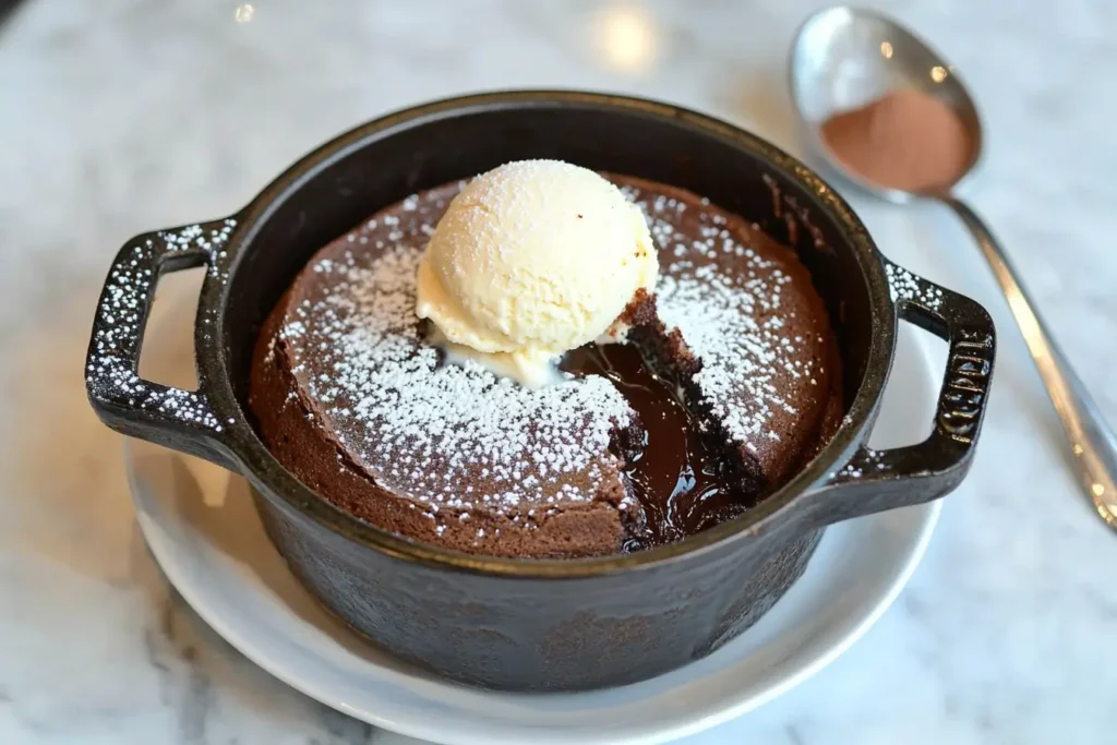 Chocolate lava cake with a molten center cooked in a Dutch oven.