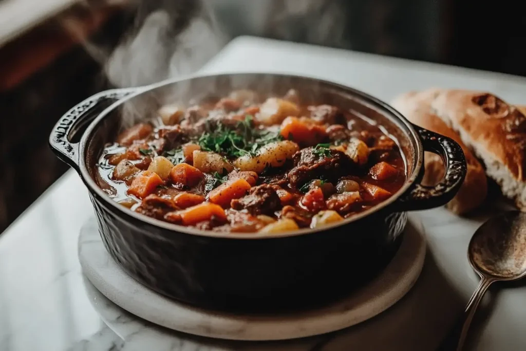 Hearty beef stew cooked in a Dutch oven with vegetables