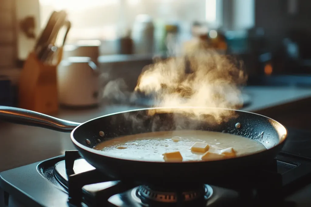 A skillet on a stovetop with butter melting into a creamy mixture, releasing visible steam, showcasing the preparation process of a classic white gravy.