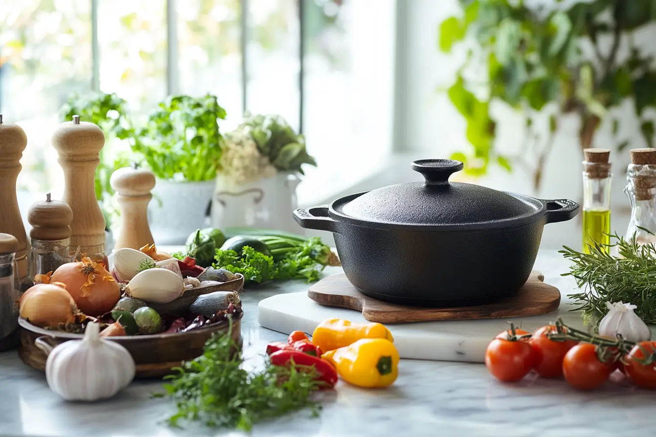 Rustic kitchen with a Dutch oven and fresh ingredients.