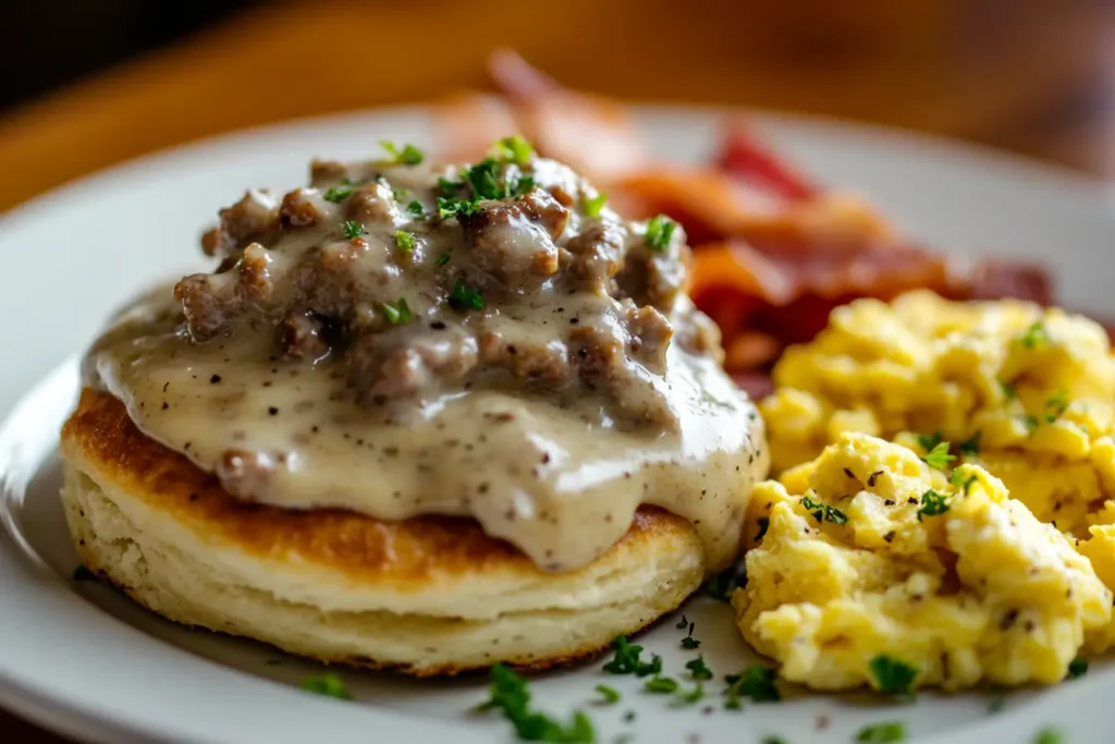 Breakfast plate with sausage gravy over biscuits, eggs, and bacon.