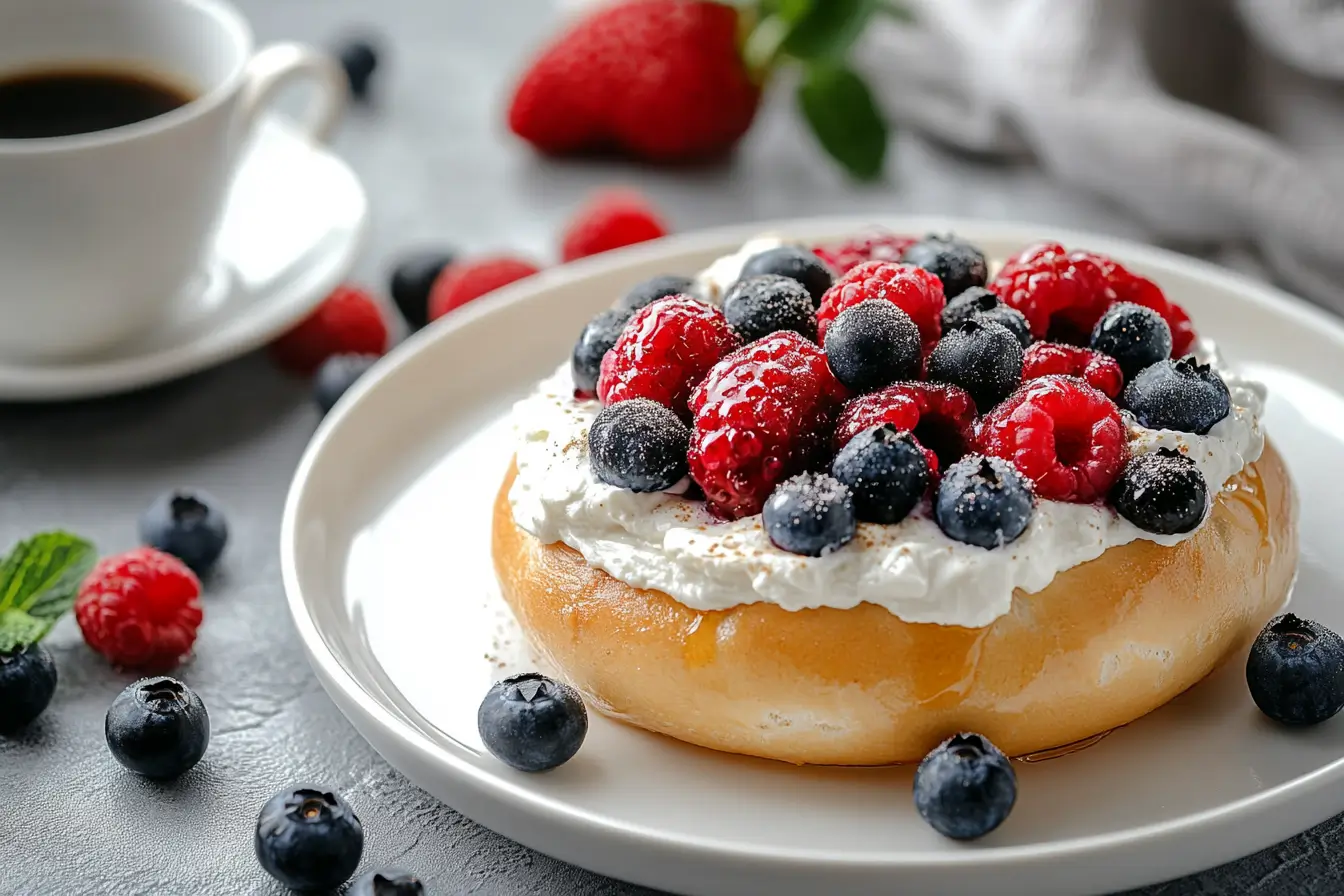 A toasted blueberry bagel topped with cream cheese, fresh berries, and honey, accompanied by a cup of coffee on a white marble surface