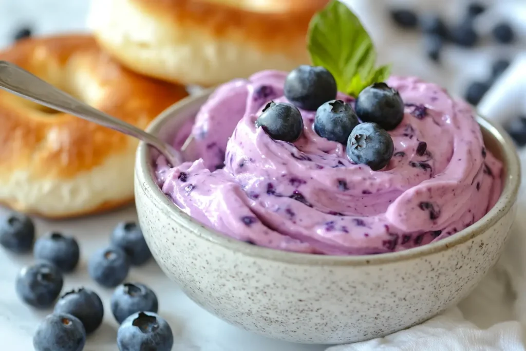  A bowl of blueberry-infused cream cheese, fresh blueberries, and a toasted bagel with a spoon ready for spreading.