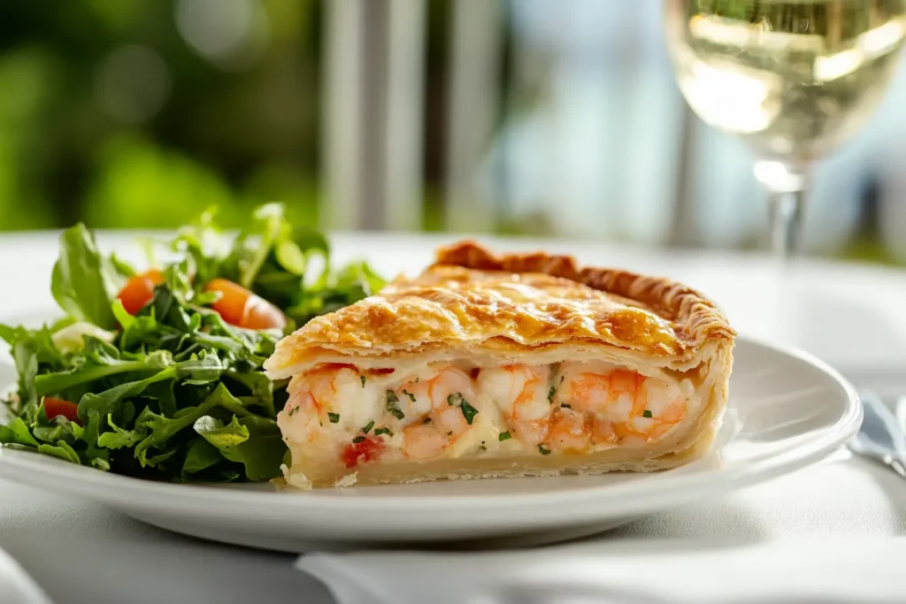 A plated slice of Florida Shrimp Pie with a fresh green salad.