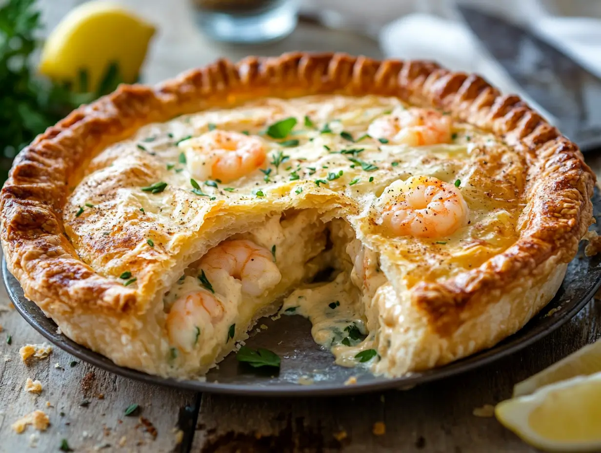 Golden-brown Florida Shrimp Pie with creamy seafood filling
