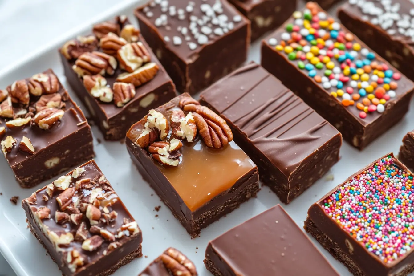 Assorted homemade fudge bars with various toppings.