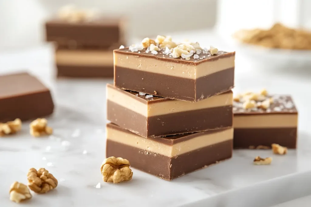 Stack of homemade fudge bars with walnuts and sea salt.