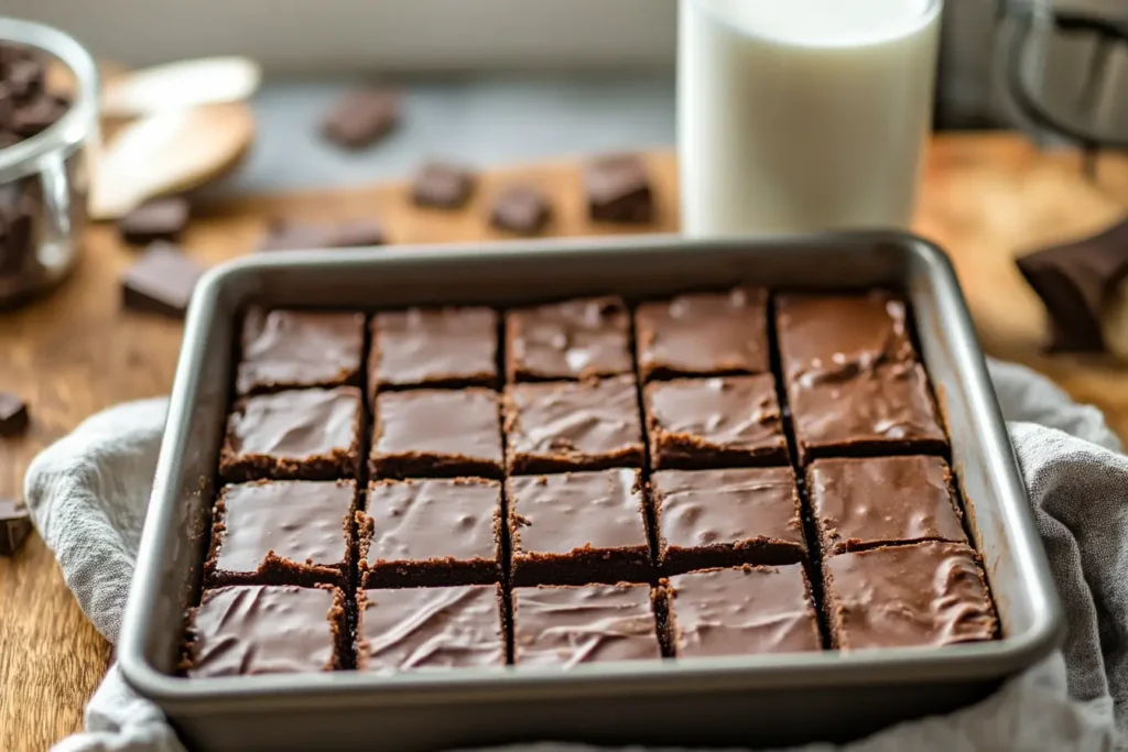 Baking pan of homemade fudge bars ready to serve.