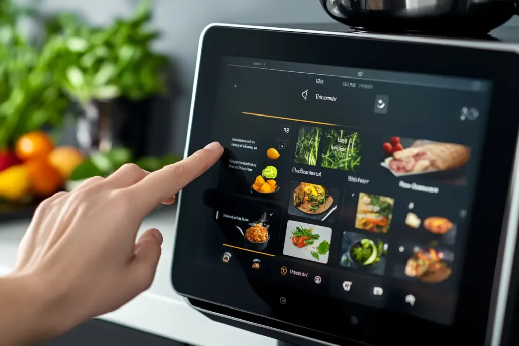 Thermomix TM7 touchscreen displaying a guided cooking recipe.