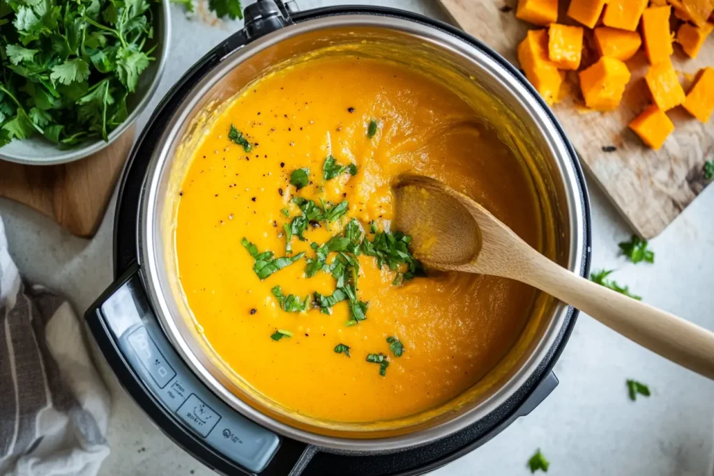 Thermomix blending creamy pumpkin soup.