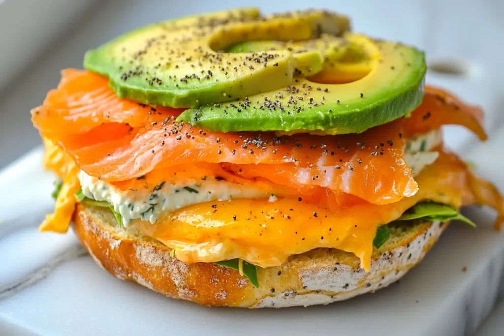 A toasted blueberry bagel with cream cheese, smoked salmon, avocado, and black pepper served on a white marble board.