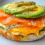 A toasted blueberry bagel with cream cheese, smoked salmon, avocado, and black pepper served on a white marble board.