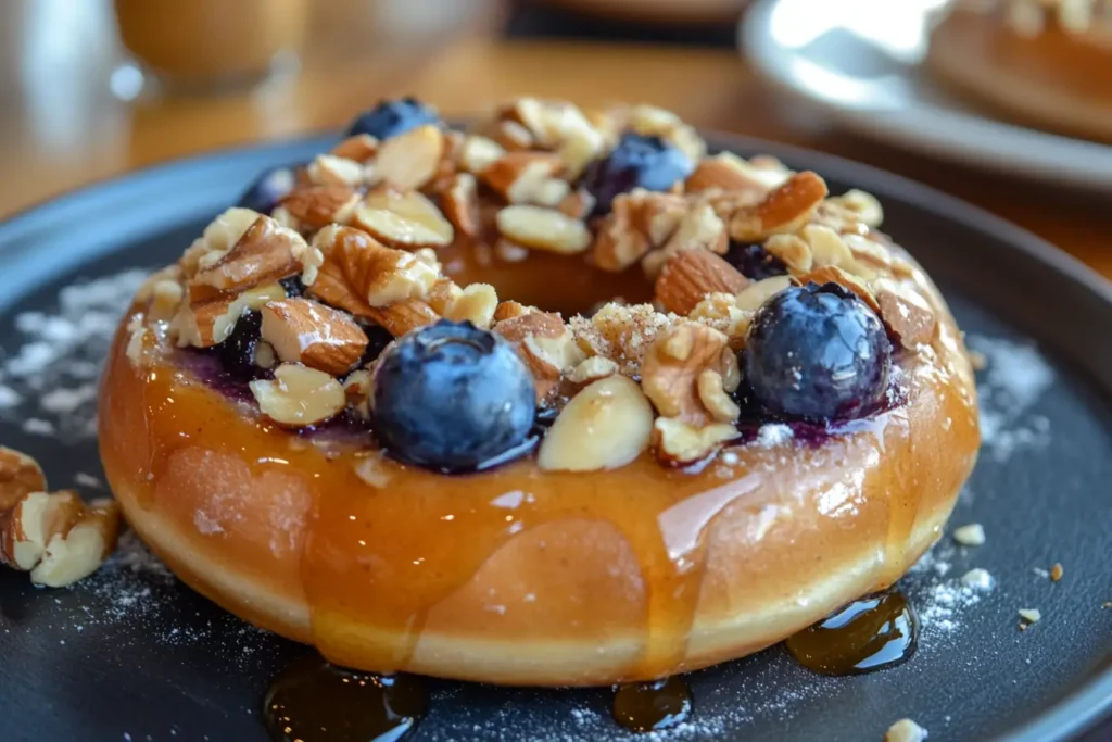 A blueberry bagel drizzled with golden honey, topped with almonds, walnuts, and a sprinkle of cinnamon for a wholesome, cozy breakfast vibe