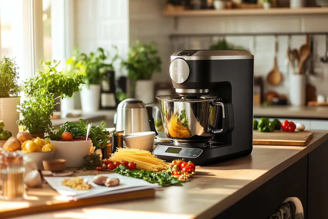 Thermomix in a modern kitchen with fresh ingredients, perfect for preparing Easy Thermomix Recipes for Beginners