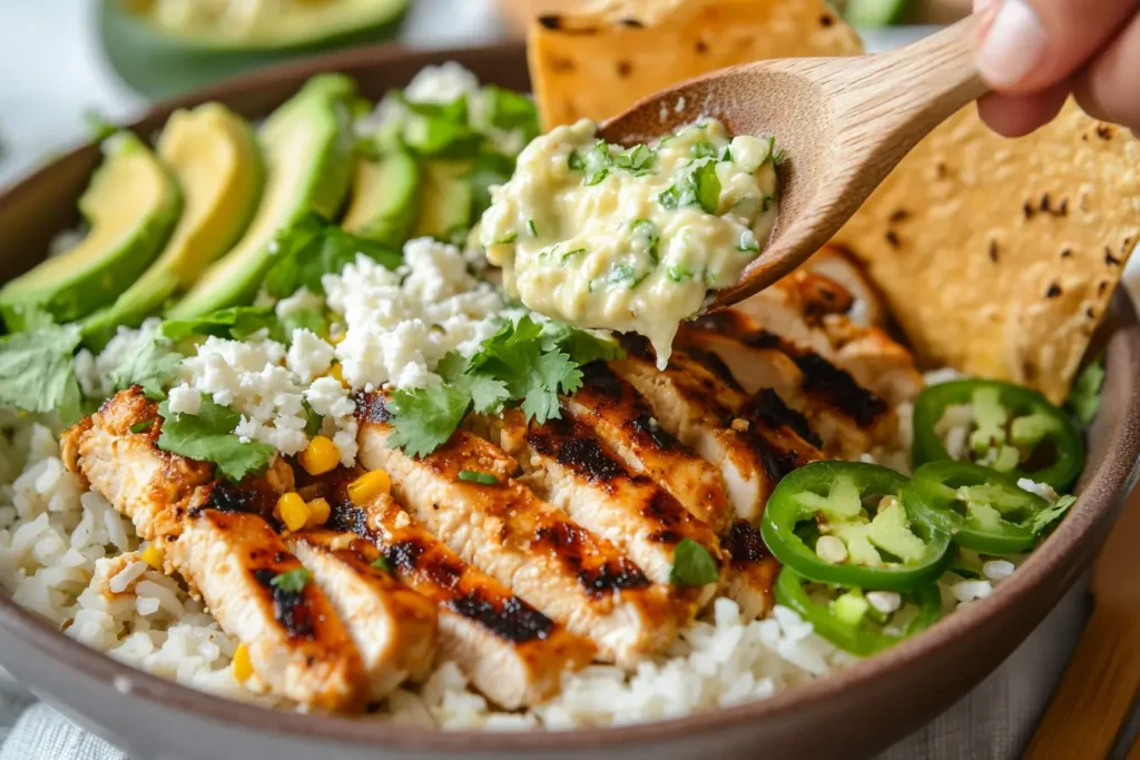 A bowl being assembled with grilled chicken, creamy street corn, and fresh avocado slices.