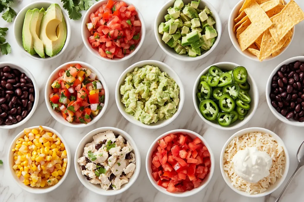 A selection of toppings for a Street Corn Chicken Rice Bowl, including avocado, pico de gallo, black beans, jalapeños, tortilla strips, and chipotle aioli