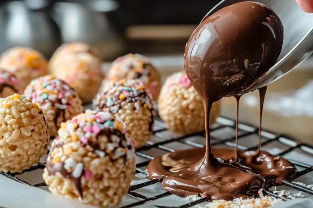  Rice Krispie Easter Eggs being dipped in melted chocolate.