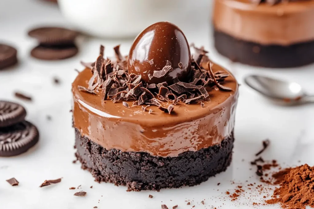 No-Bake Easter Mini Cheesecake with Oreo crust and chocolate drizzle.