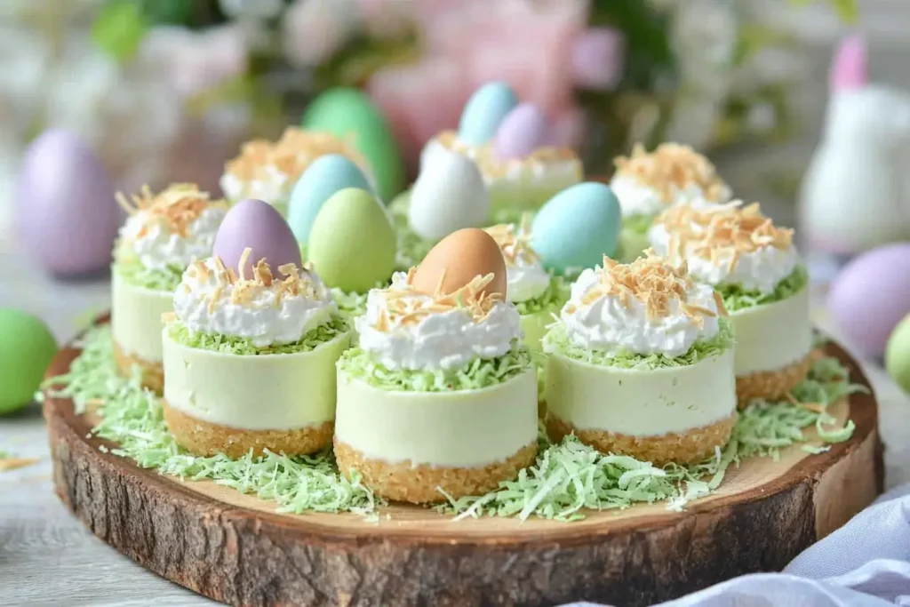  Decorated No-Bake Easter Mini Cheesecakes with pastel toppings.