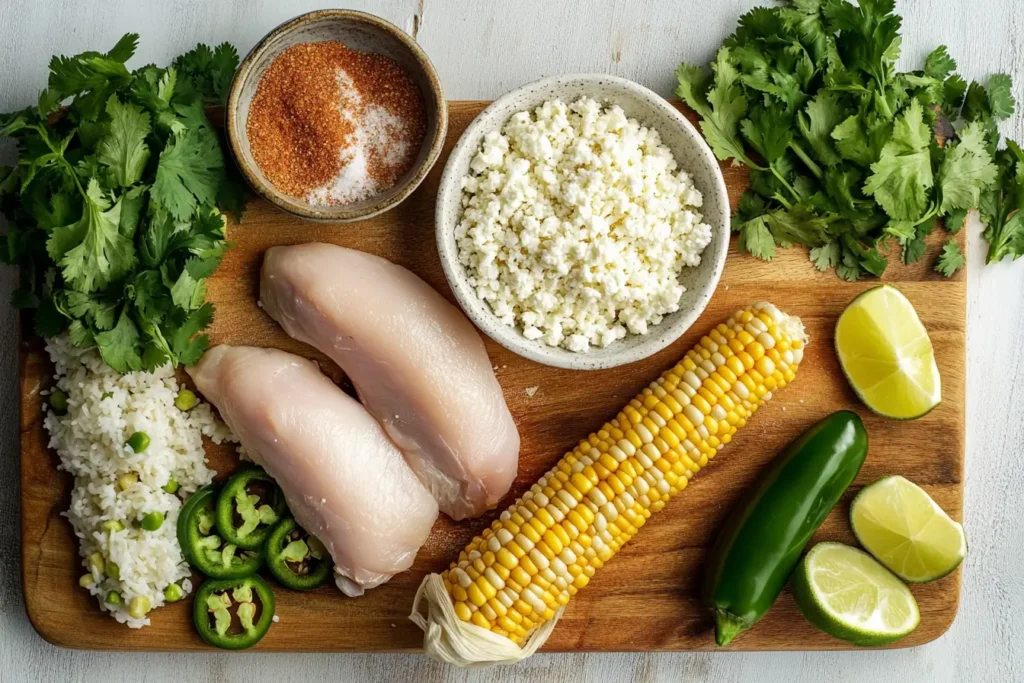 Ingredients for making a Street Corn Chicken Rice Bowl, including chicken, corn, spices, Cotija cheese, and lime wedges.