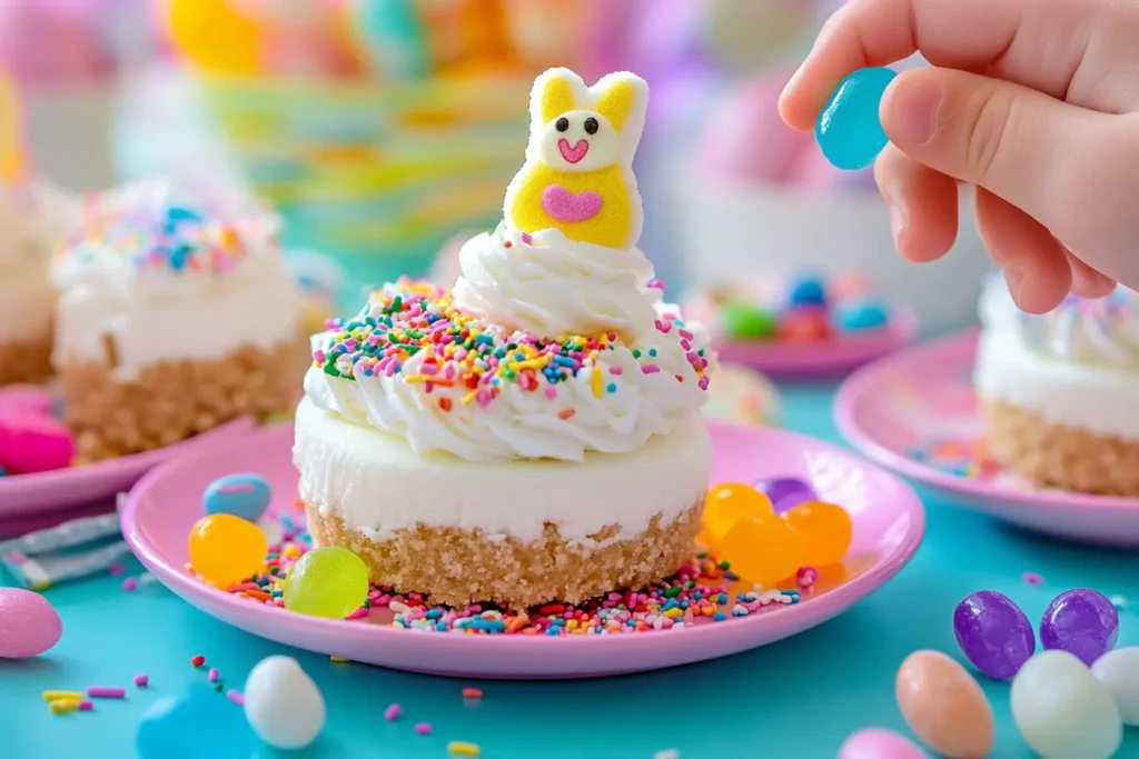 No-Bake Easter Mini Cheesecake decorated with gummy bunnies and Peeps.