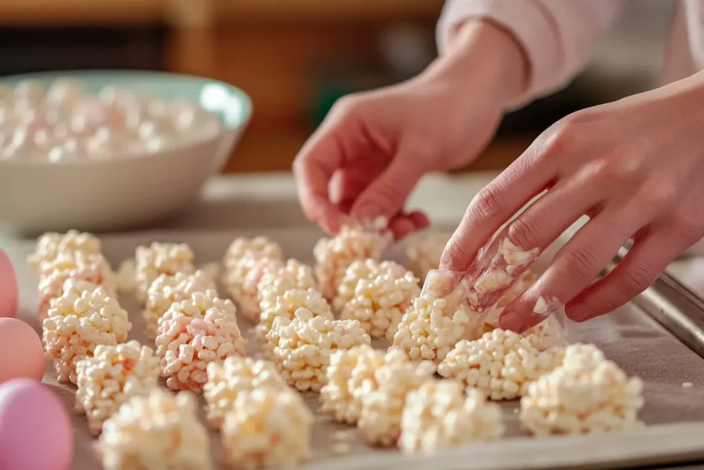 Hands shaping Rice Krispie mixture into Easter egg shapes.