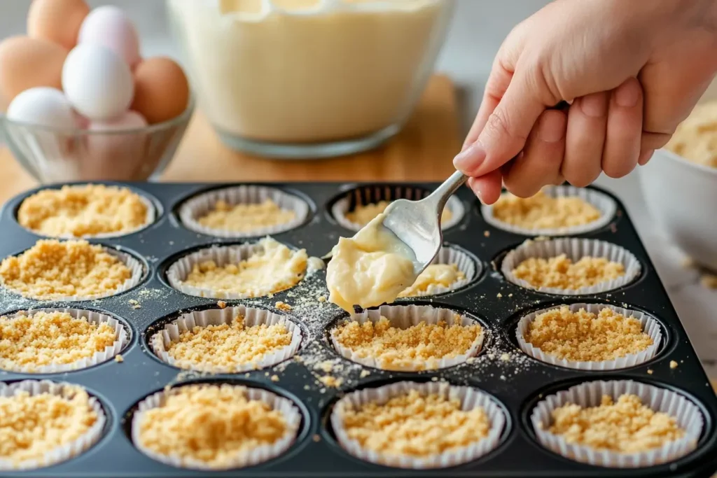 Step-by-step process of making No-Bake Easter Mini Cheesecakes.