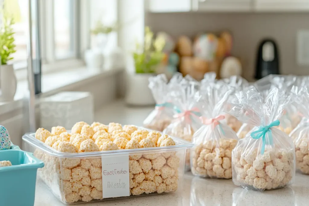 Rice Krispie Easter Eggs stored in an airtight container and gift bags.