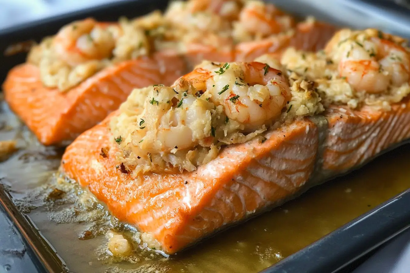 Crab and shrimp stuffed salmon baked to golden perfection in a ceramic dish
