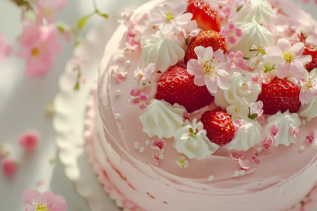 Decorated pink chiffon cake with whipped cream and flowers