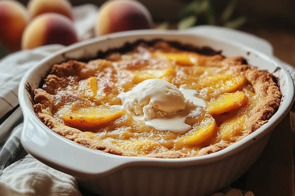 Old-Time Oven Peach Cobbler – an old-fashioned peach cobbler served in a white dish with a golden crust and a generous scoop of vanilla ice cream on top.