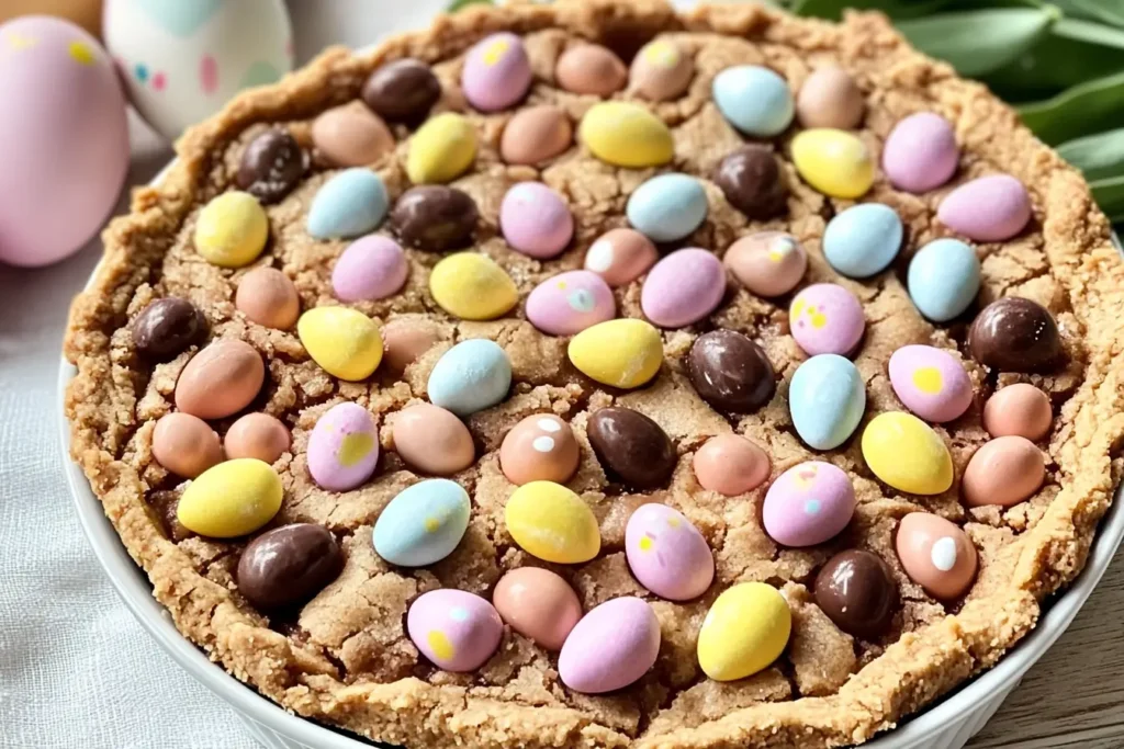 Gooey Easter Cookie Pie with pastel candy topping
