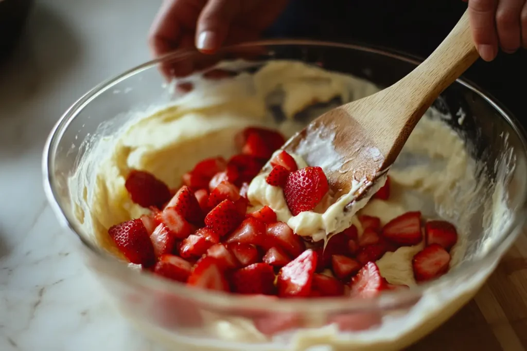 Hand folding fresh diced strawberries into cake batter in a glass bowl with a wooden spatula