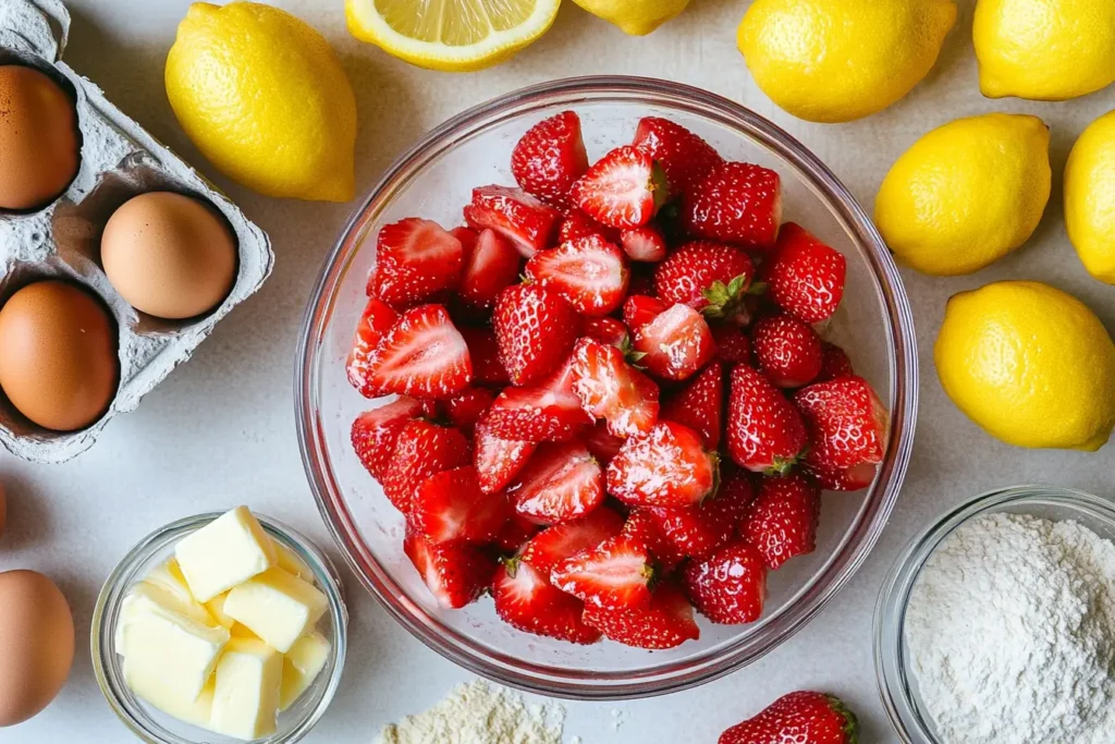 Fresh ingredients for Strawberry Lemonade Buttermilk Cake laid out in a cozy kitchen